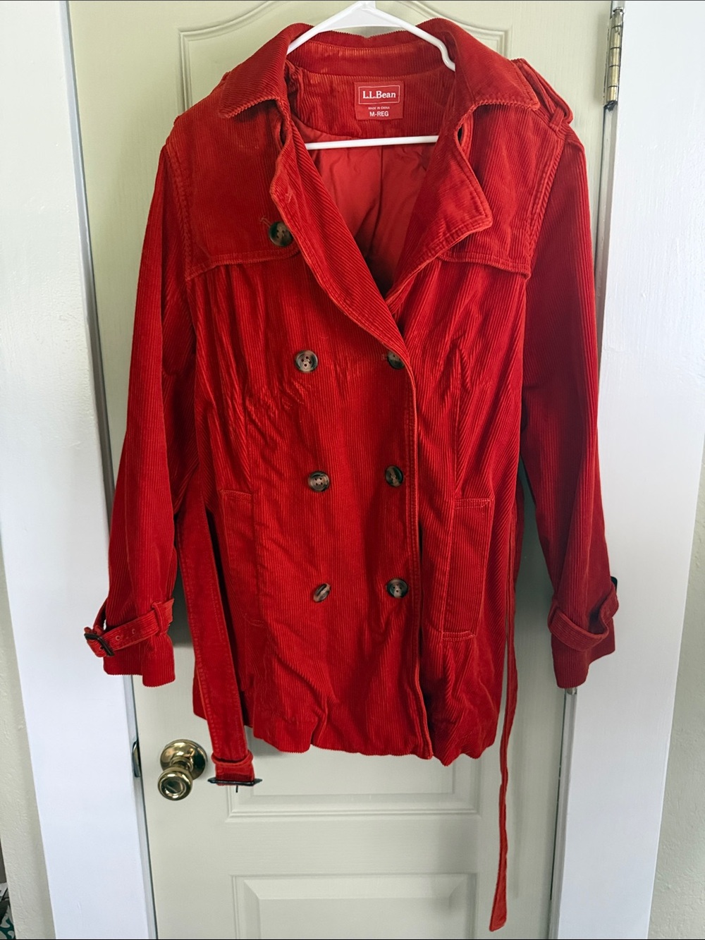 L.L. Bean Red Corduroy Double-Breasted Trench Coat